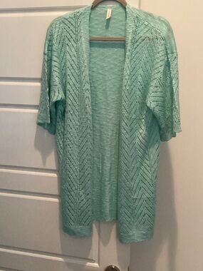 Open-Front Light Aqua Knit Cardigan Sweater